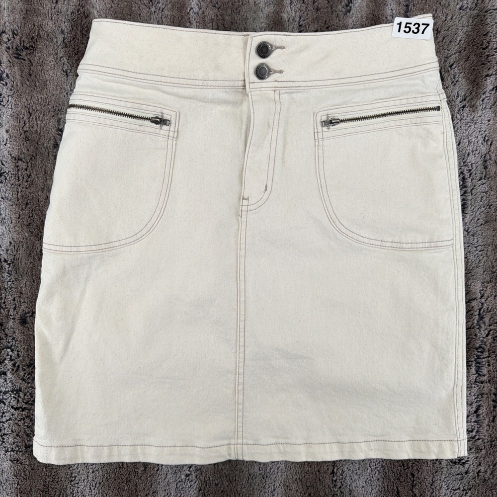 PrAna Sz 10 Broadway Denim Pencil Skirt Natural Off White Organic Cotton Denim